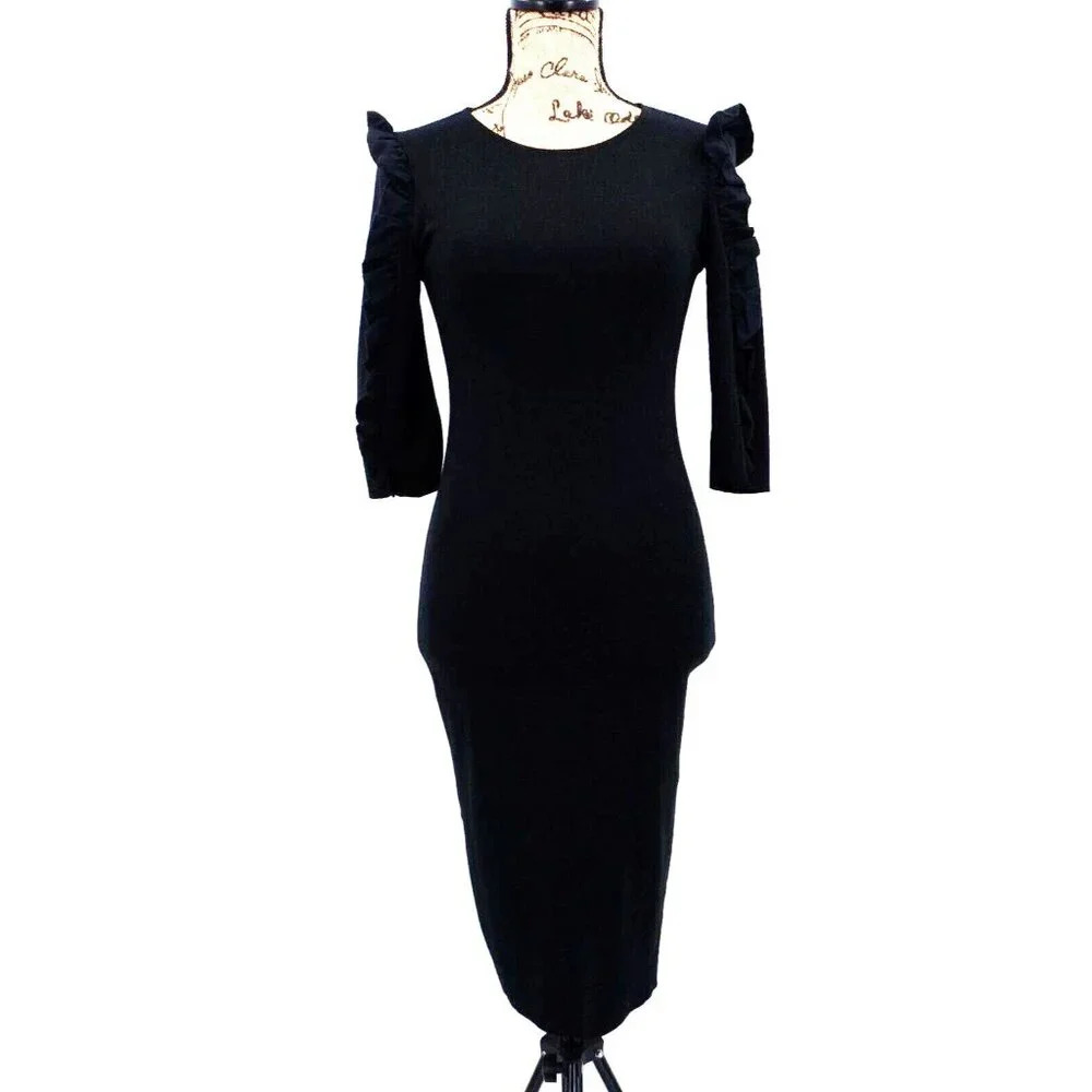 Zara Trafaluc Women Dress Small S Black Bodycon Ruffle Ruched Long Sleeves Midi